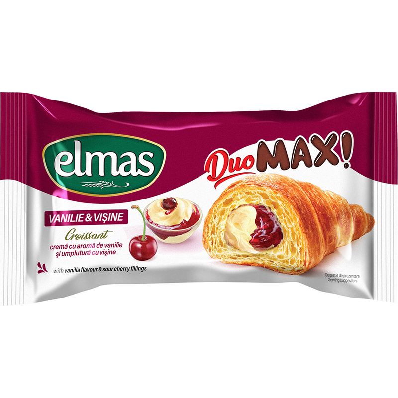 Elmas Duo MAX Croissant cu crema cu aroma de vanilie și umplutura cu visine, 80 g