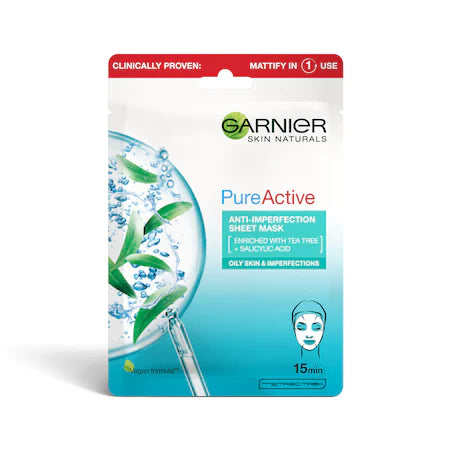 Masca servetel Garnier Skin Naturals Pure Active anti-imperfectiuni si hidratare, 23 g