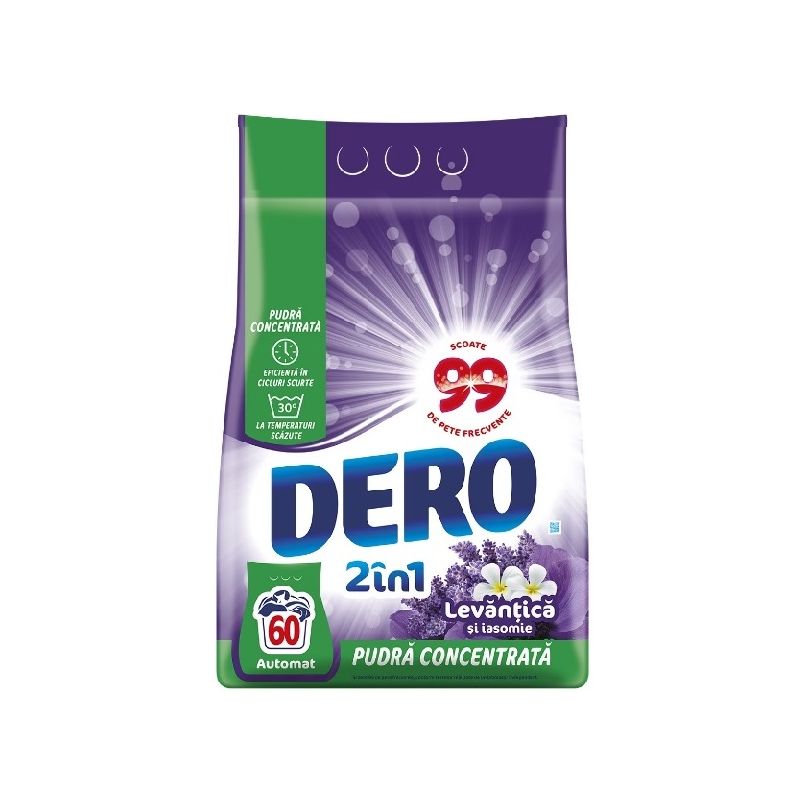 Detergent de rufe pudra Dero 2in1 Levantica si iasomie, 4.5 kg, 60 spalari