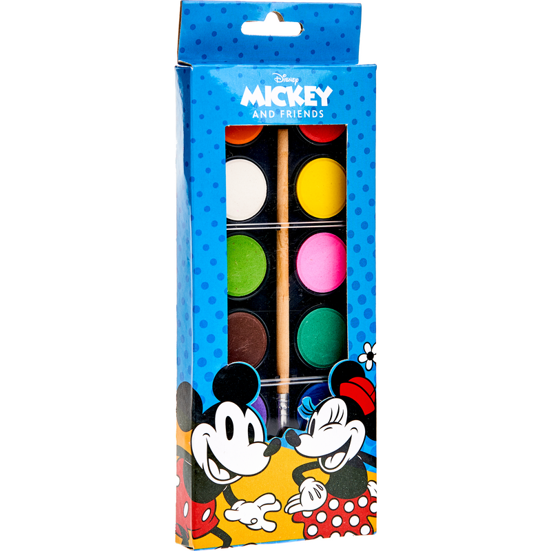 Acuarele tip pastila + pensula Mickey, 12 culori
