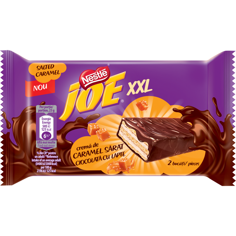 Joe xxl napolitana glazura ciocolata si crema caramel sarat, 46g
