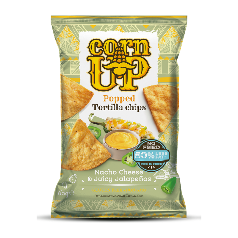 Cornup Chips tortilla din porumb integral galben cu aroma de branza Nacho si Jalapeno 60 g