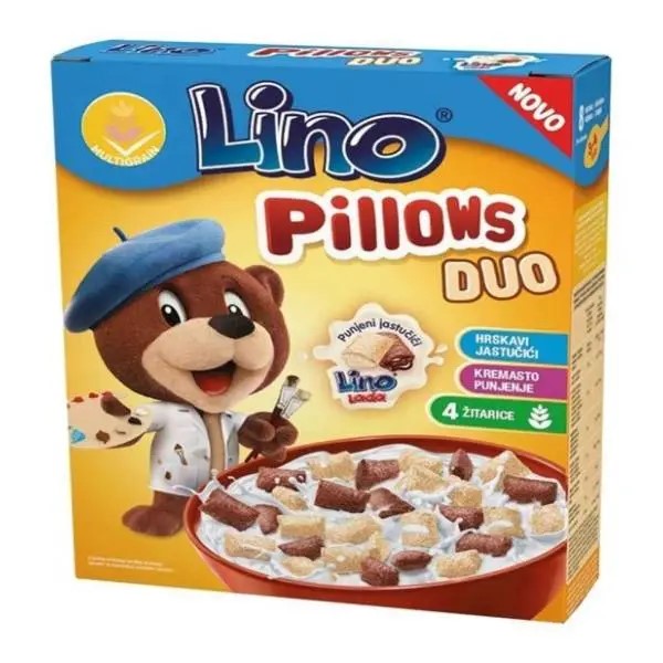 LINO PILLOWS DUO cereale cu crema lapte si crema nougat 250g