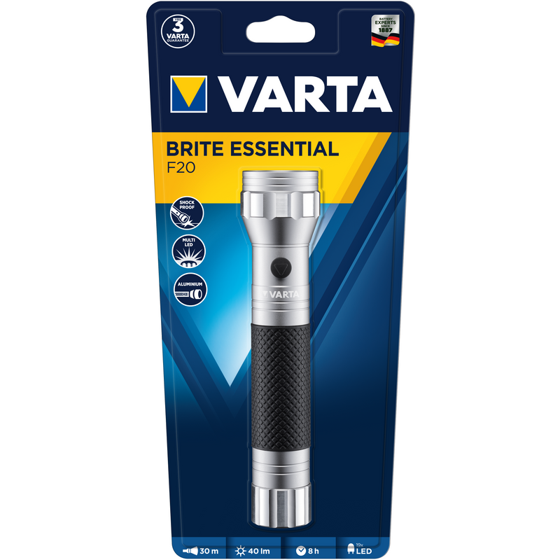 Lanterna LED Varta Brite Essential F20, 40 lm, 2xC, Aluminiu/cauciuc