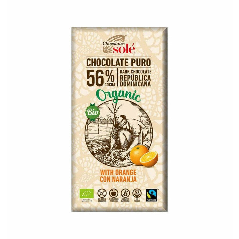 Chocolates Sole Ciocolata neagra Bio cu portocale, 56% cacao, 100g