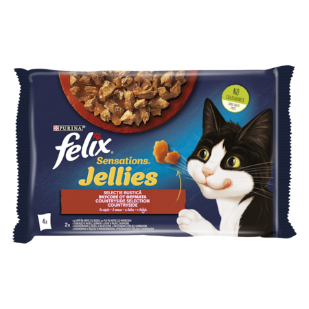 Hrana umeda pentru pisici Felix Sensations Vita cu Rosii, Pui cu Morcov in Aspic, 4 x 85g