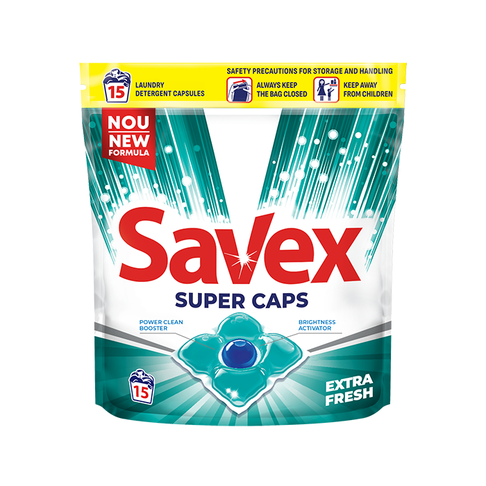 Savex detergent capsule super caps extra fresh, 15 spalari