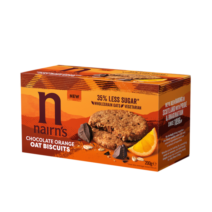 Nairns biscuiti ovaz integral cu ciocolata si portocala - cu 35% mai putin zahar, 200g
