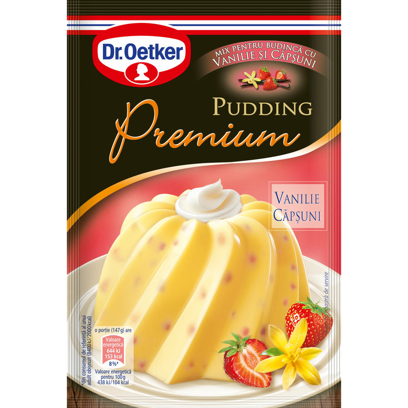 Dr.Oetker Premium praf pentru Pudding Vanilie cu bucati de Capsuni, 35g