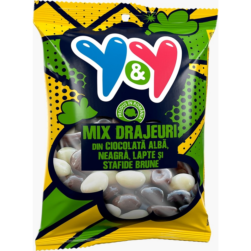 Y&Y Trio Mix Stafide invelite in ciocolata neagra, alba, lapte, 70g