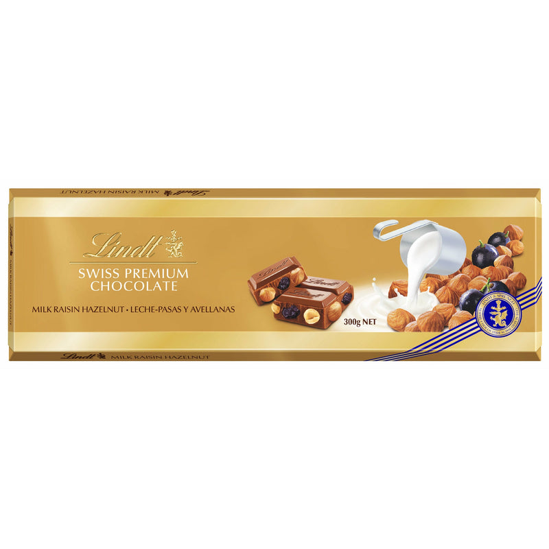 Lindt Gold Ciocolata elvetiana cu lapte cu stafide, alune si migdale, 300g