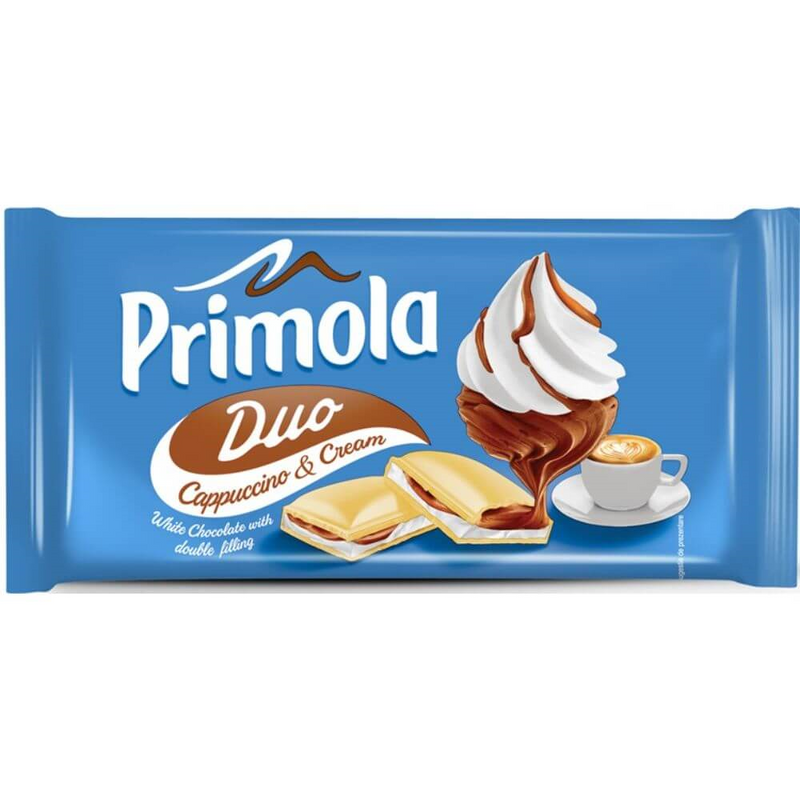 Primola ciocolata alba umpluta cu crema (19%) de cappuccino si crema (27%) de frisca, 87 g