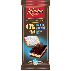 Kandia ciocolata 40% cacao, cu 29%crema frisca si 13% biscuiti, 115 g