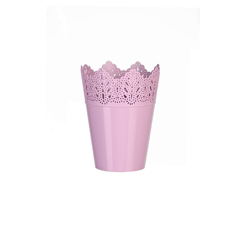 Koronka ghiveci dantelat din plastic roz, 12 cm