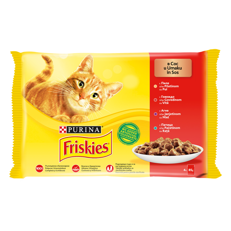 FRISKIES Adult cu Pui/Vita/Miel/Rata in Sos, hrana umeda pentru pisici, 4 x 85 g