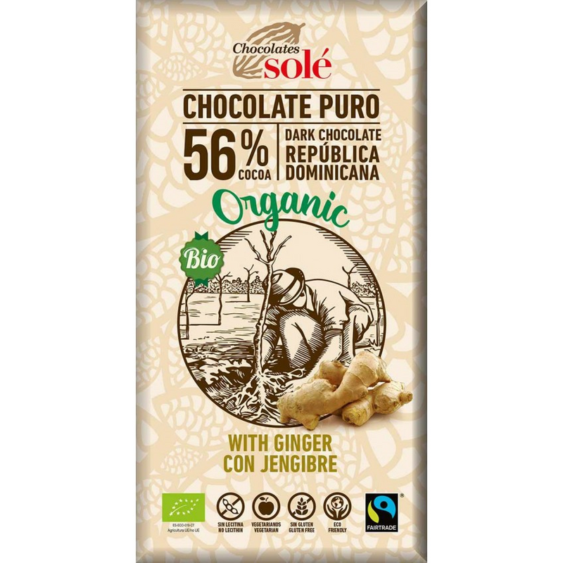 Chocolates Sole Ciocolata neagra BIO cu ghimbir, 56% cacao, 100 gr