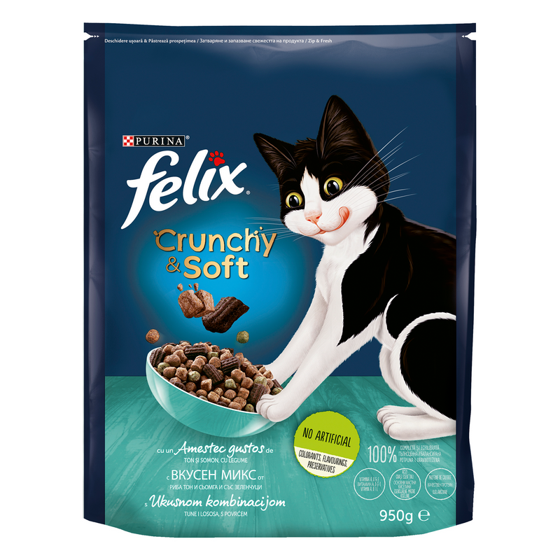 Felix Crunchy Soft Merluciu Ton si Legume, 950g