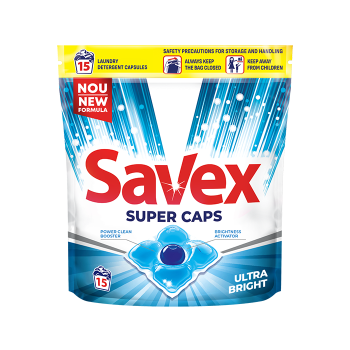 Savex detergent capsule super caps ultra bright, 15 spalari