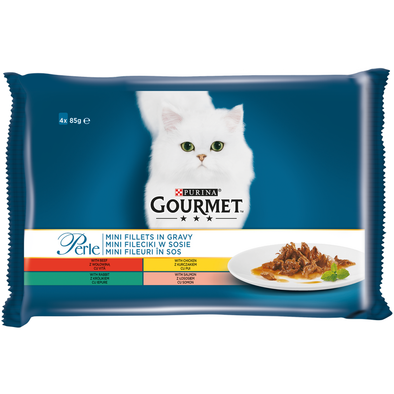 GOURMET PERLE cu Vita/Pui/Iepure/Somon in sos, hrana umeda pentru pisici, 4 x 85 g