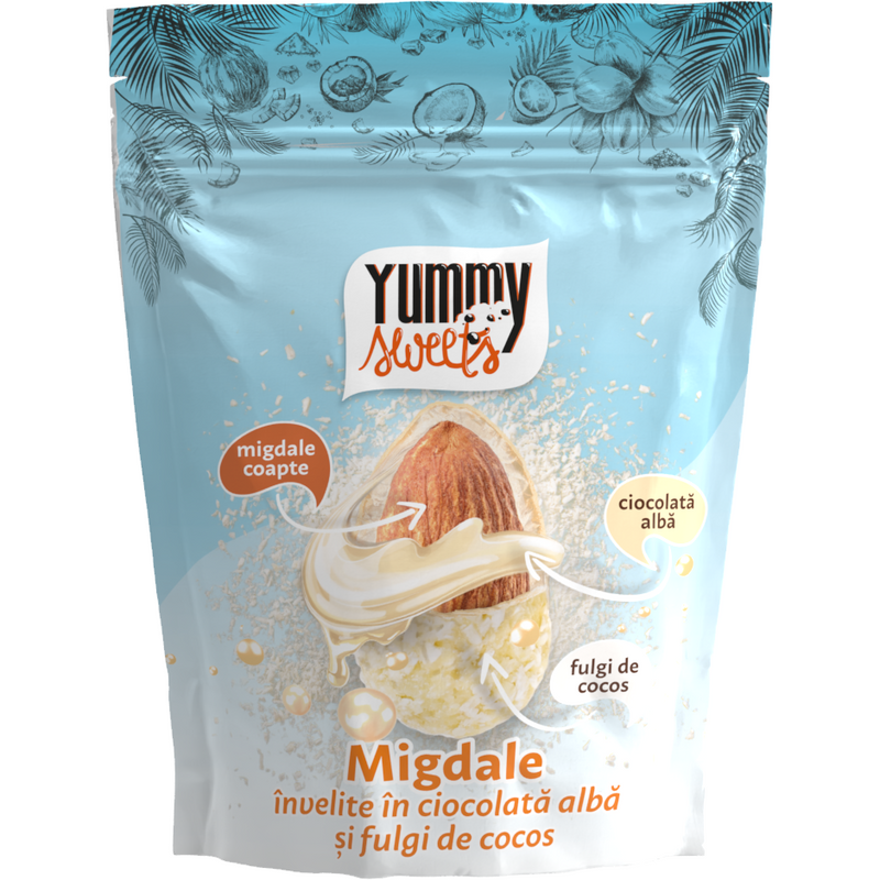 Yummy Sweets Migdale invelite in ciocolata alba cu fulgi de cocos, 100g