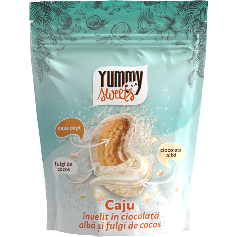 Caju in ciocolata alba cu fulgi de cocos, 100g