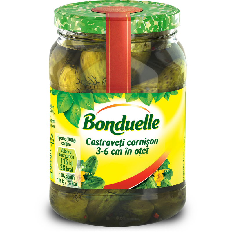 Bonduelle Castraveti cornison intregi, 3-6 cm, in otet, 550g