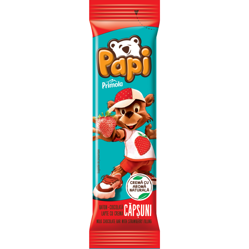 Primola Papi Baton Ciocolata Lapte & Crema Capsuni, 26.8g
