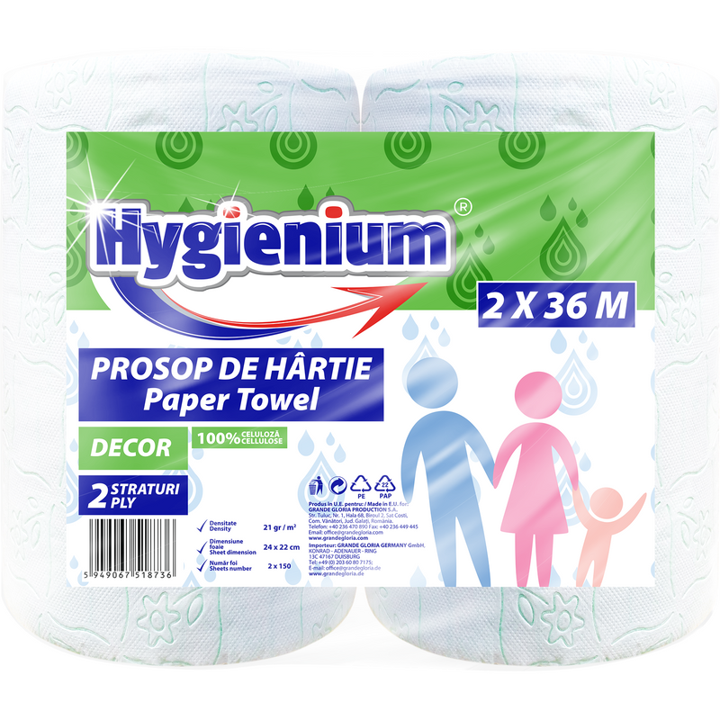 Hygenium Prosop de hartie decor verde, 100% celuloza, 2 straturi, 2x36m