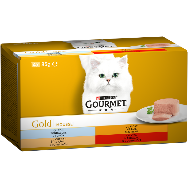 GOURMET GOLD Mousse Vita/Curcan/Ficat/Ton multipack, hrana umeda pentru pisici, 4 x 85 g
