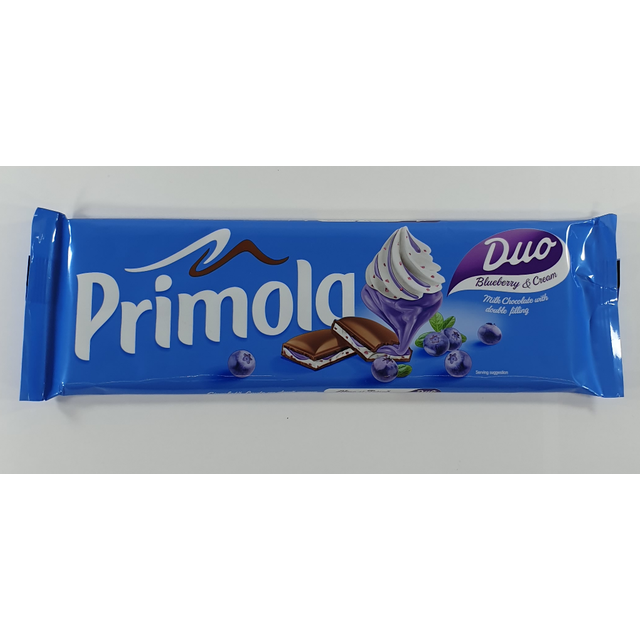 Primola ciocolata lapte umpluta cu crema (24%) de afine si crema (24%) de frisca, 250 g