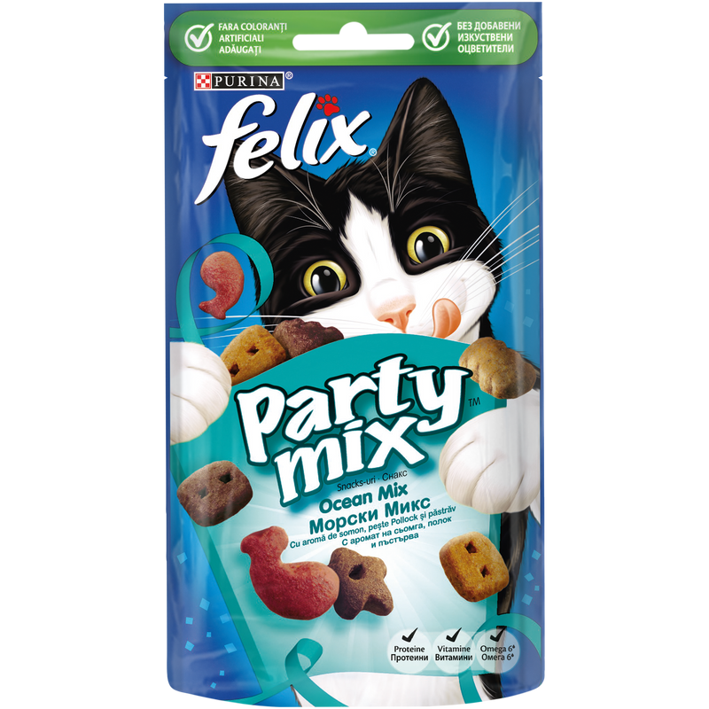 FELIX PARTY MIX Ocean Mix cu Somon, peste Pollock, Pastrav, recompense pentru pisici, 60 g