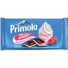 Primola ciocolata umpluta cu crema (19%) de zmeura si crema (29%) de frisca, 89 g