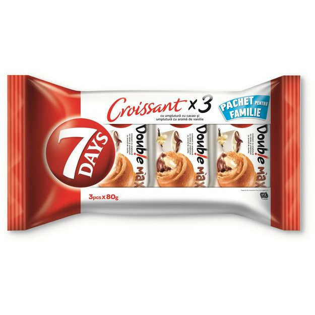 7DAYS Croissant cu umplutura cu cacao si umplutura cu aroma de vanilie, 3x80g