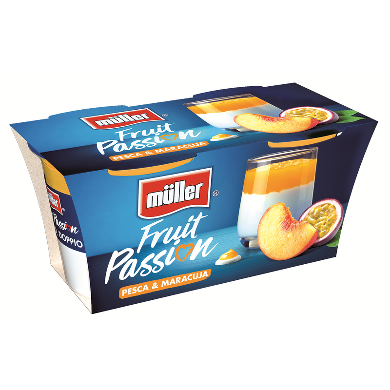 Muller Fruit Passion iaurt cu piersici si maracuja, 2x125g