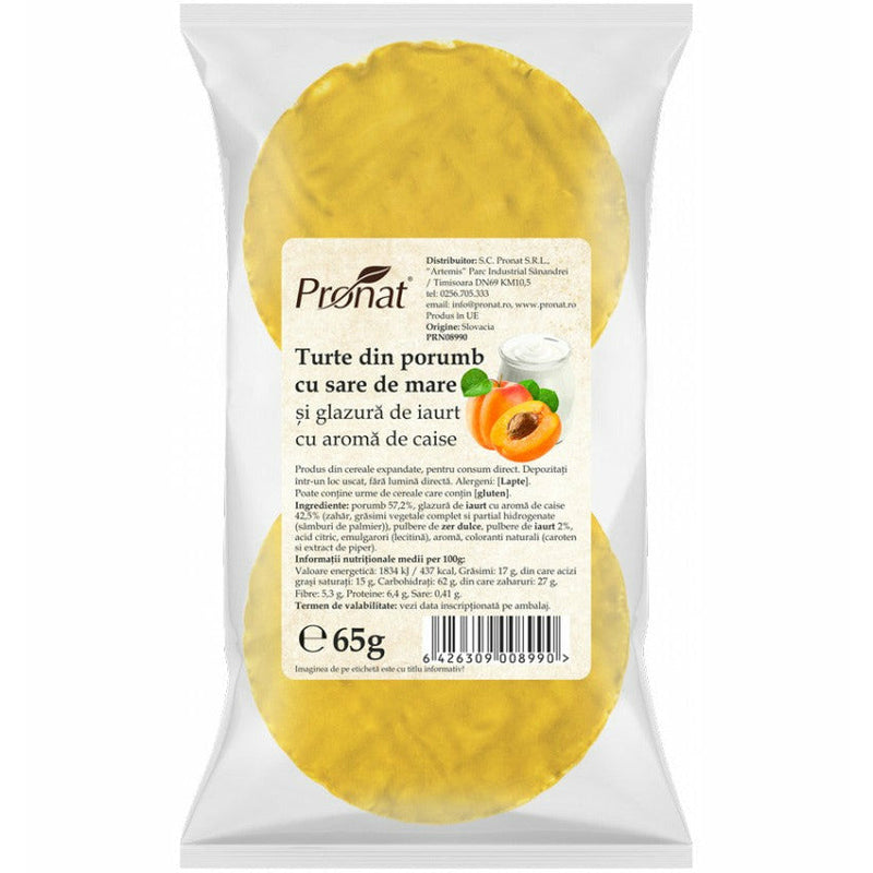Pronat Turte din porumb cu sare de mare si glazura de iaurt cu aroma de caise, 65g