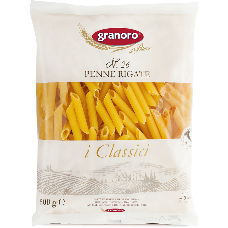 Paste Penne rigate din grau dur fara oua nr.26, 500g, Granoro