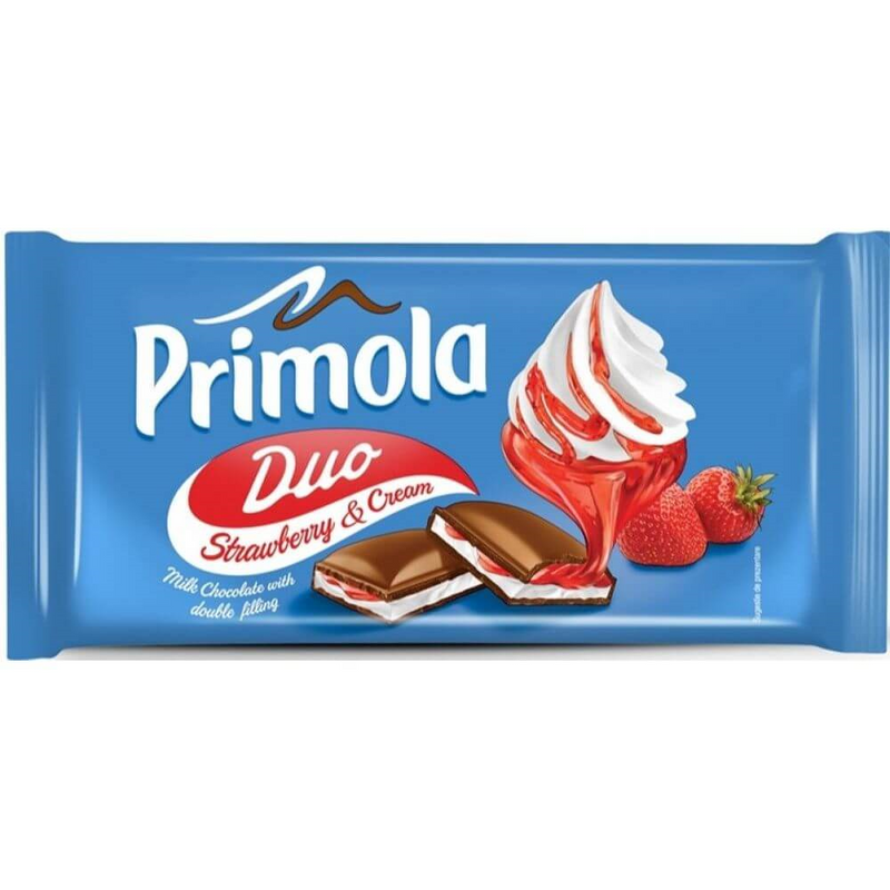 Primola ciocolata lapte umpluta cu crema (19%) de capsuni si crema (29%) de frisca, 89 g