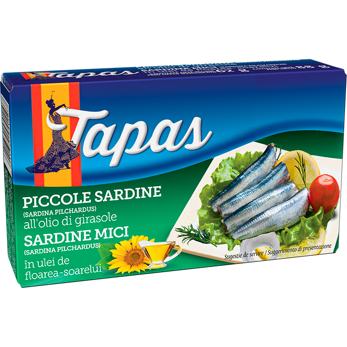 Tapas Sardine mici (Sardina pilchardus) in ulei de floarea-soarelui, 88 g