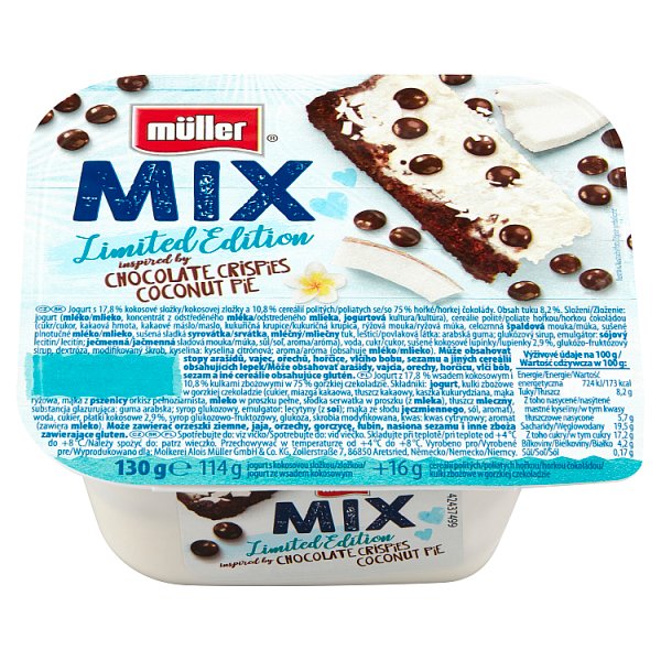 Muller iaurt mix cu cocos, cereale si ciocolata, 130 g