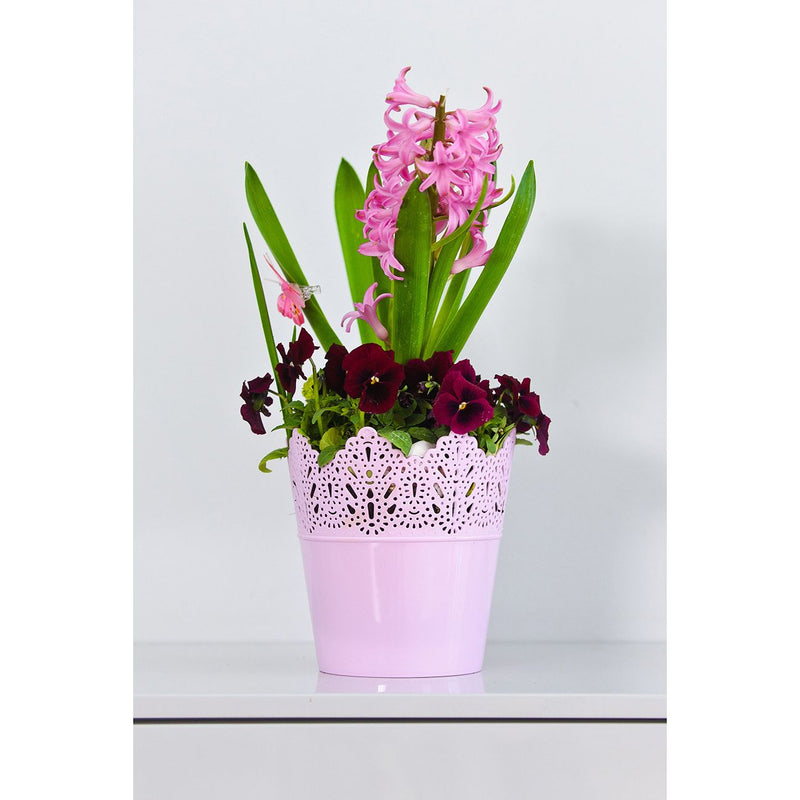 Koronka ghiveci dantelat din plastic roz, 16.5 cm