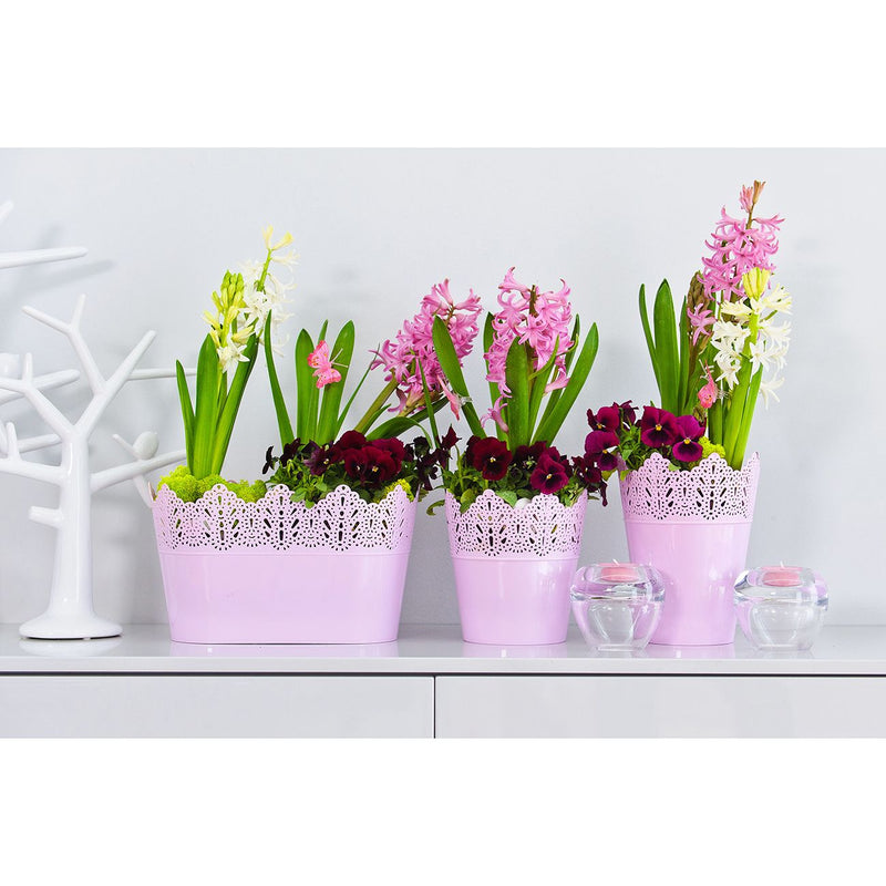 Koronka ghiveci dantelat din plastic roz, 12 cm