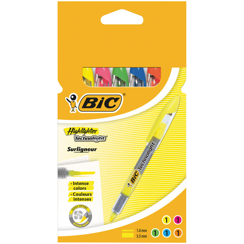 Evidentiator BIC Highlighter Technolight, cerneala bazata pe pigment, diverse culori, 5 bucati