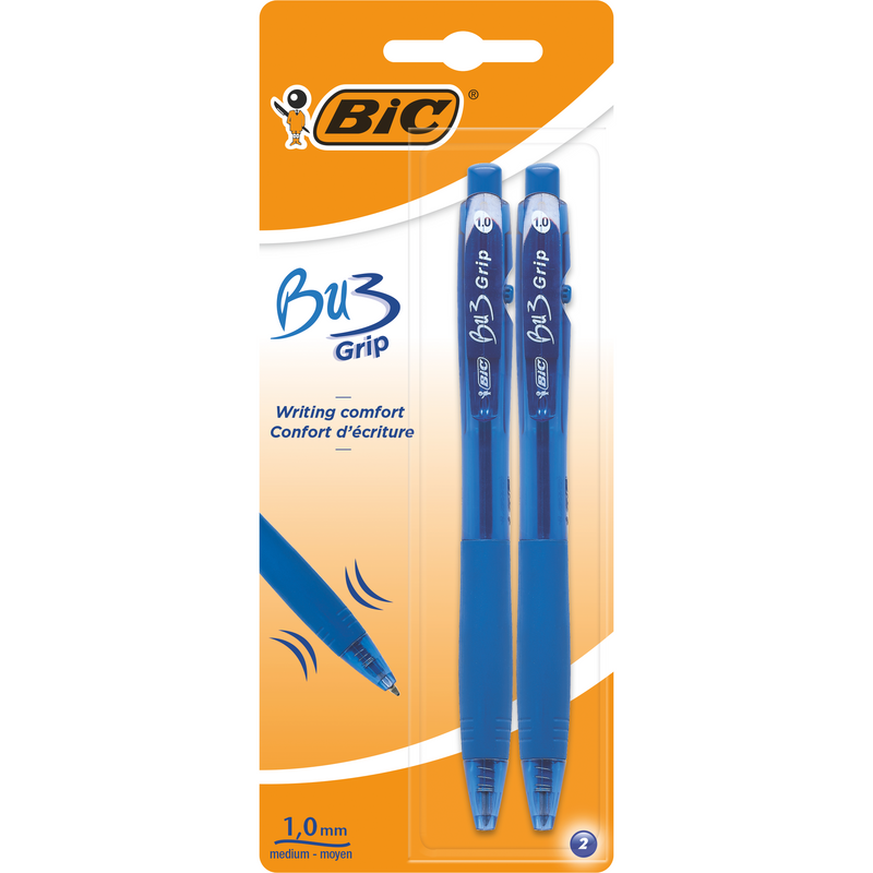 Pix retractabil BIC BU3 Grip, 1.0 mm, albastru, 2 bucati