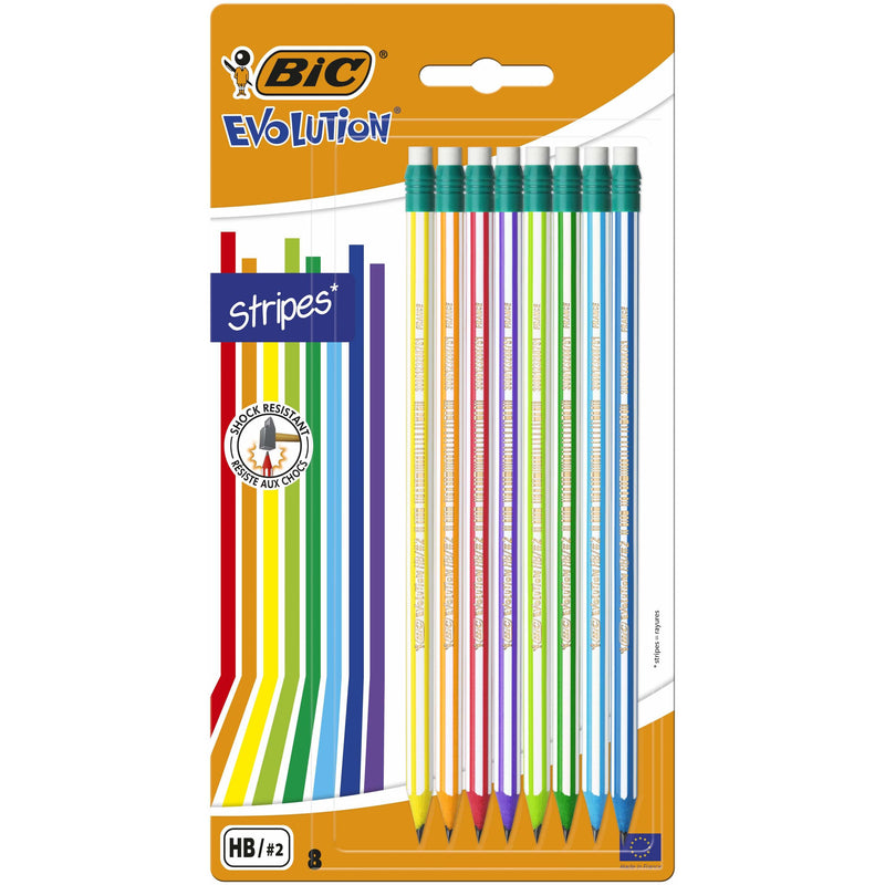 Creioane HB grafit BIC Evolution Stripes cu radiera, 8 bucati