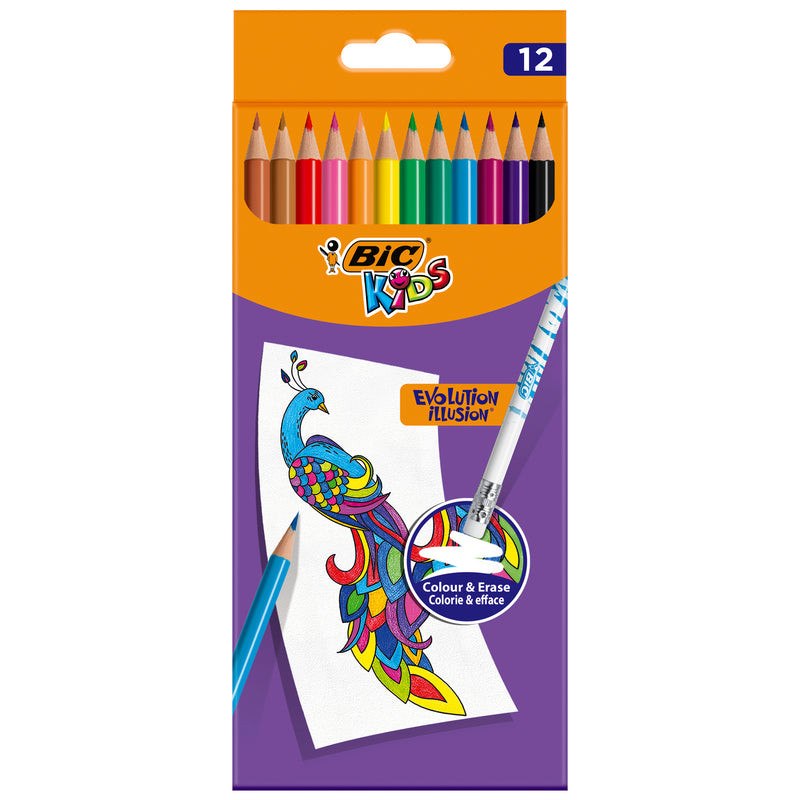 Creioane de colorat BIC Kids Evolution Illusion, cu radiera, 12 culori
