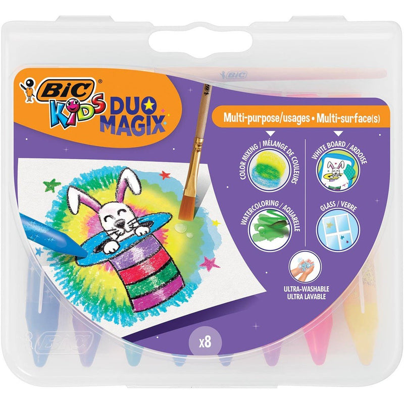 Creioane cerate multifunctionale BIC Kids DuoMagix, efect de acuarela, pensula inclusa, 8 culori