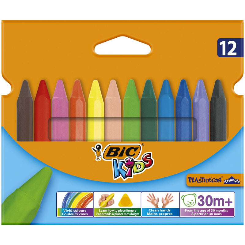 Creioane cerate plastifiate BIC Kids Plastidecor, triunghiulare, 12 culori