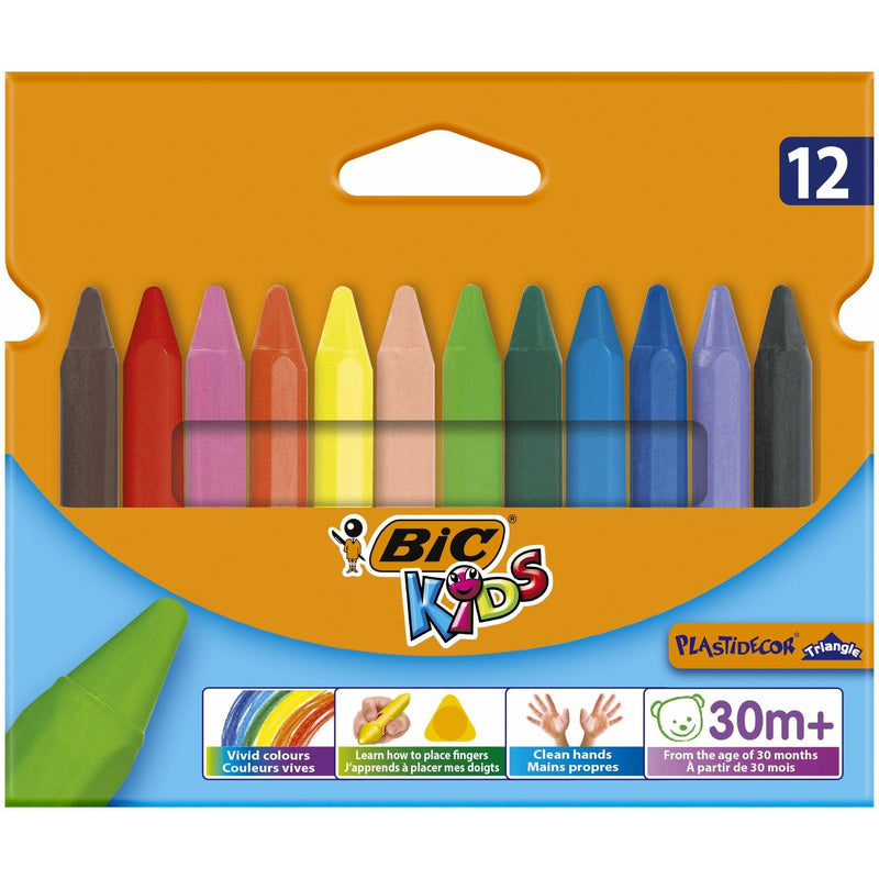 Creioane cerate plastifiate BIC Kids Plastidecor, triunghiulare, 12 culori