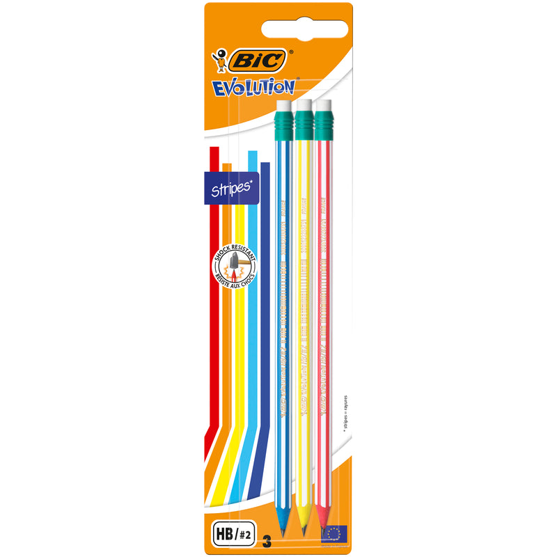Creioane HB grafit BIC Evolution Stripes cu radiera, 3 bucati