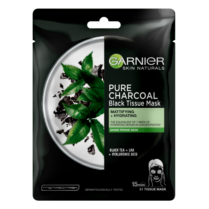 Garnier Masca servetel Pure Charcoal cu ceai negru pentru matifiere, 28 g